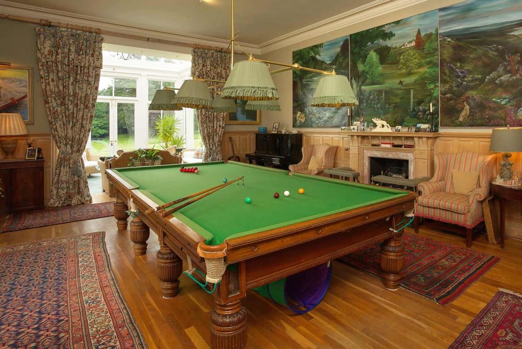 EDRADYNATE ESTATE COUNTRY HOUSE SPORTING ESTATE PERTHSHIRE SCOTLAND ACCOMMODATION BILLIARD ROOM A colour photograph of the billiard room at Edradynate Country House -Luxury self catering accommodation in Scotland - Edradynate Country House and Sporting Estate House Perthshire