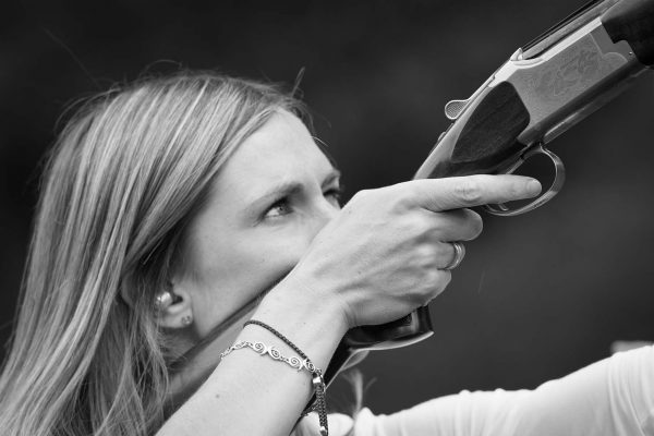 A black and white photo of a guest enjoying clay pigeon shooting at the Edradynate clay pigeon shoot day May 2017 - Edradynate Estate, Perthshire - Luxury Country House and Sporting Estate for Rent in Scotland